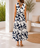 Ladies Sleeveless Navy Leaf Print V-Neck Dress - StylePhase SA