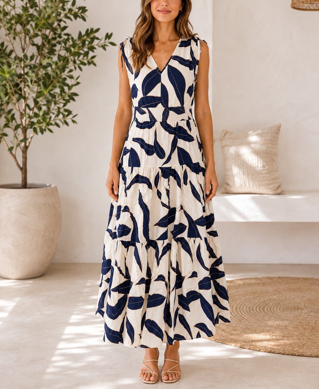Ladies Sleeveless Navy Leaf Print V-Neck Dress - StylePhase SA