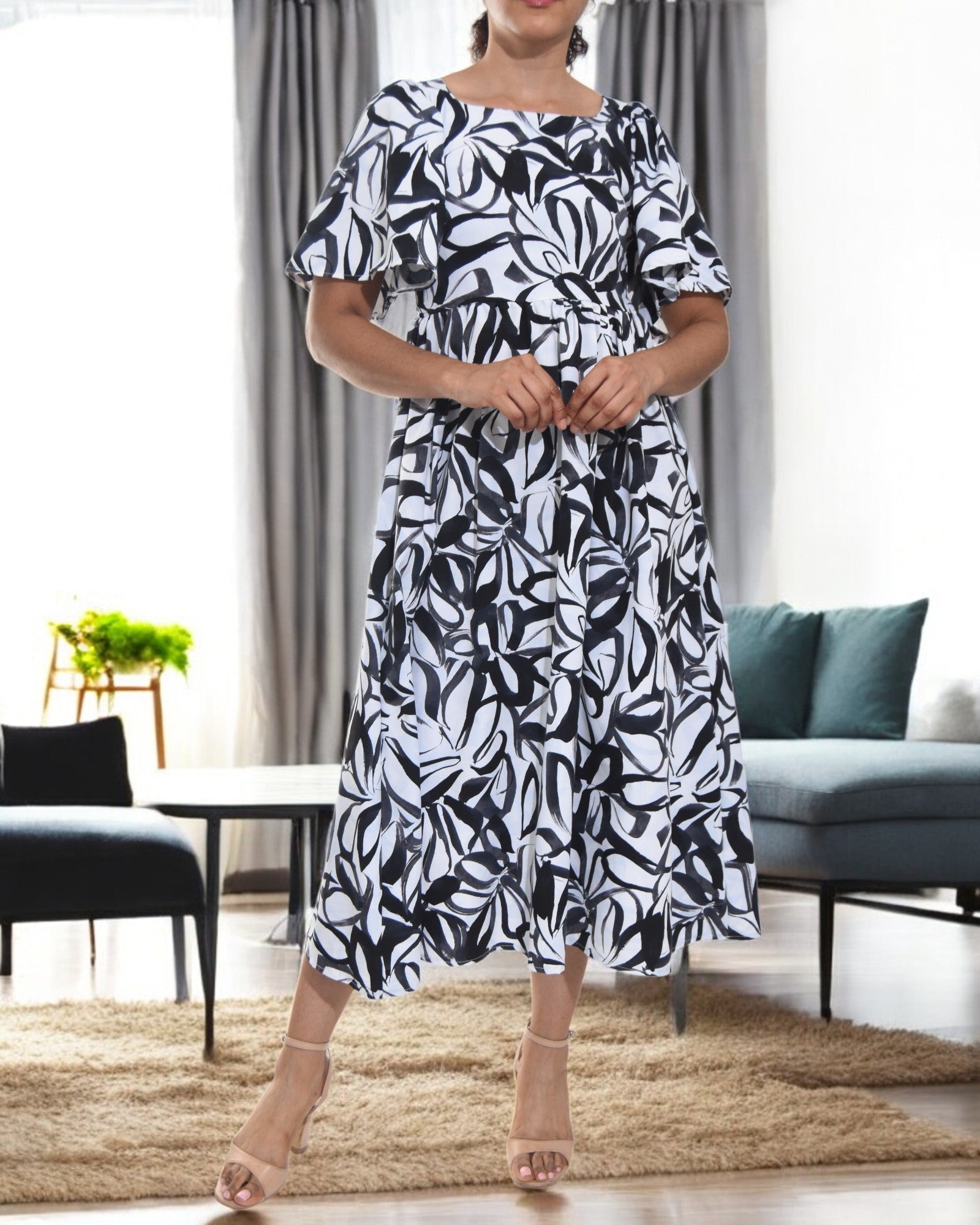 Ladies Square Neck Dress - Big Flowers - StylePhase SA