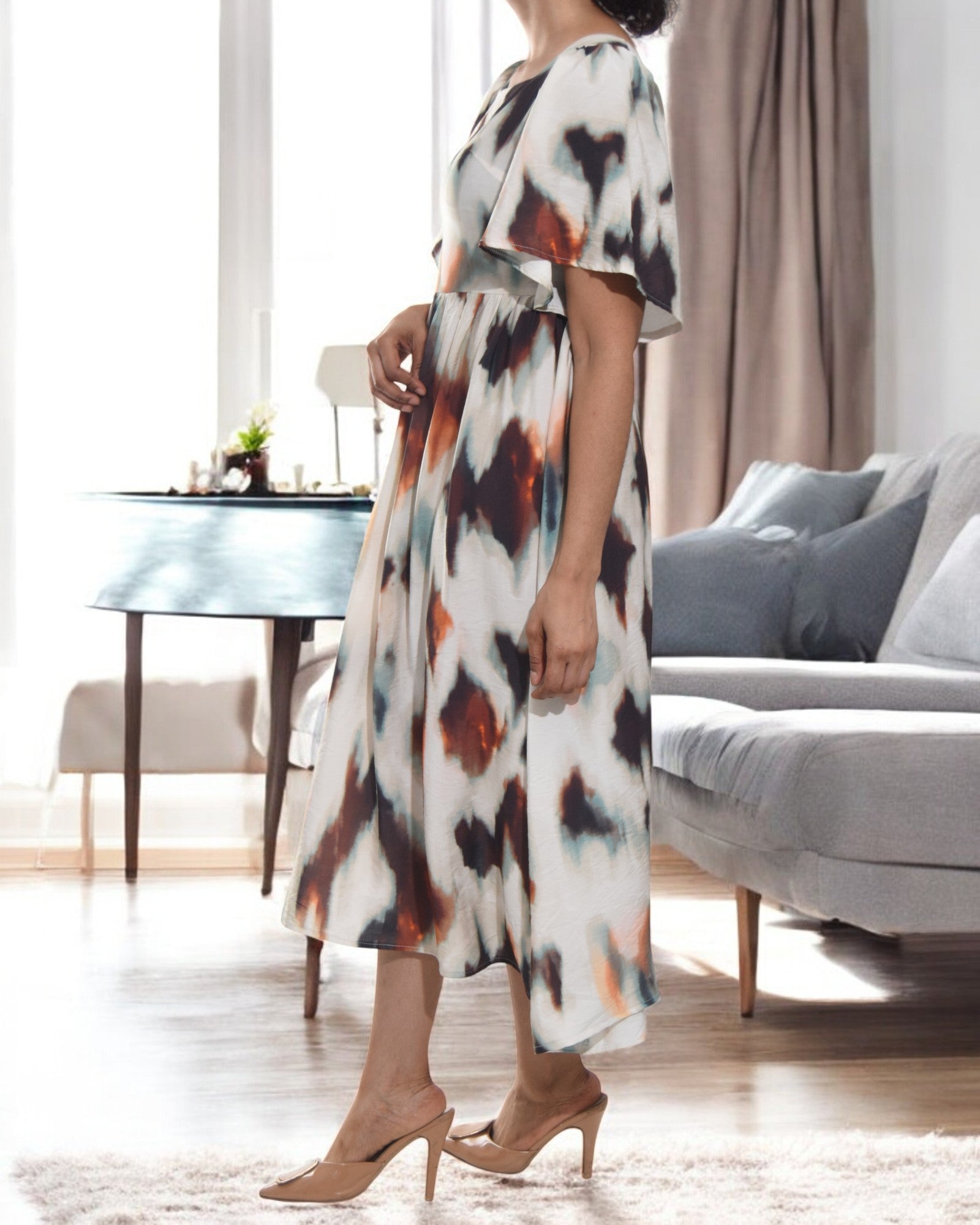Ladies Square Neck Dress - Brown Printed - StylePhase SA