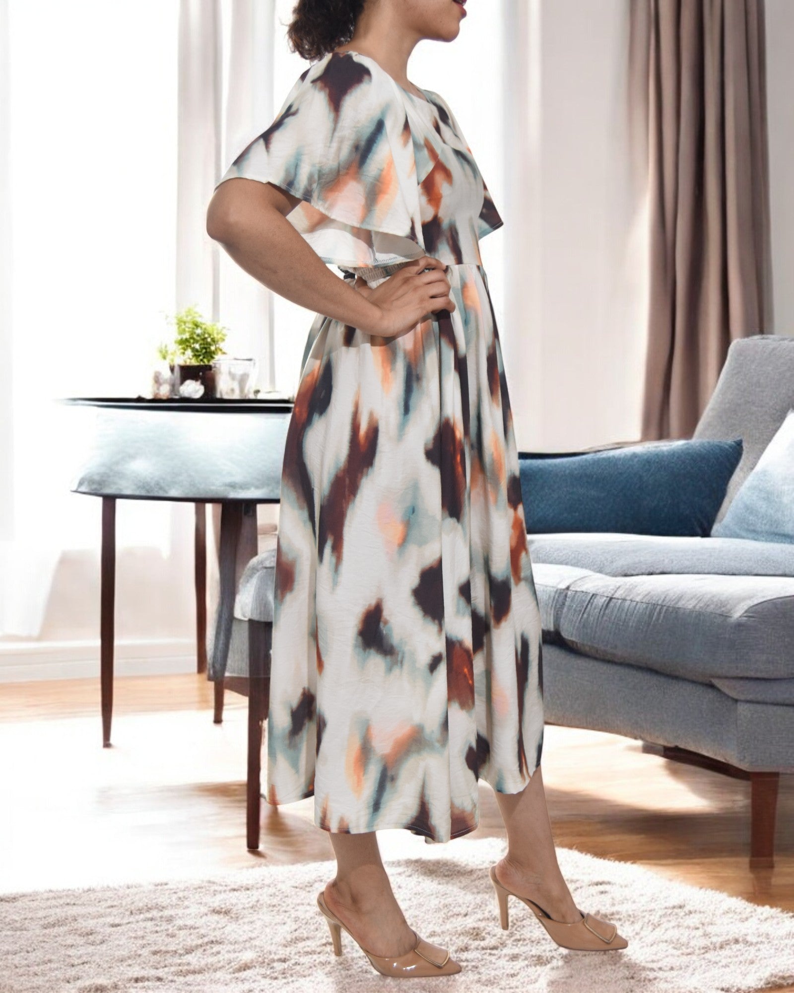 Ladies Square Neck Dress - Brown Printed - StylePhase SA