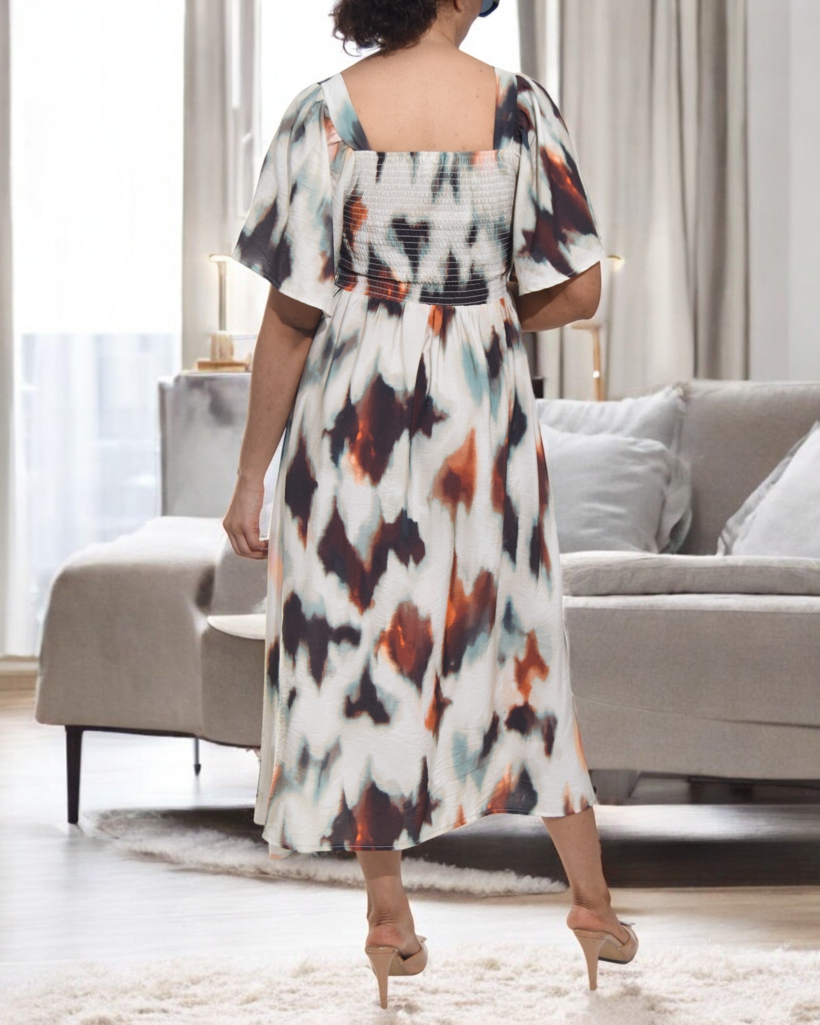 Ladies Square Neck Dress - Brown Printed - StylePhase SA
