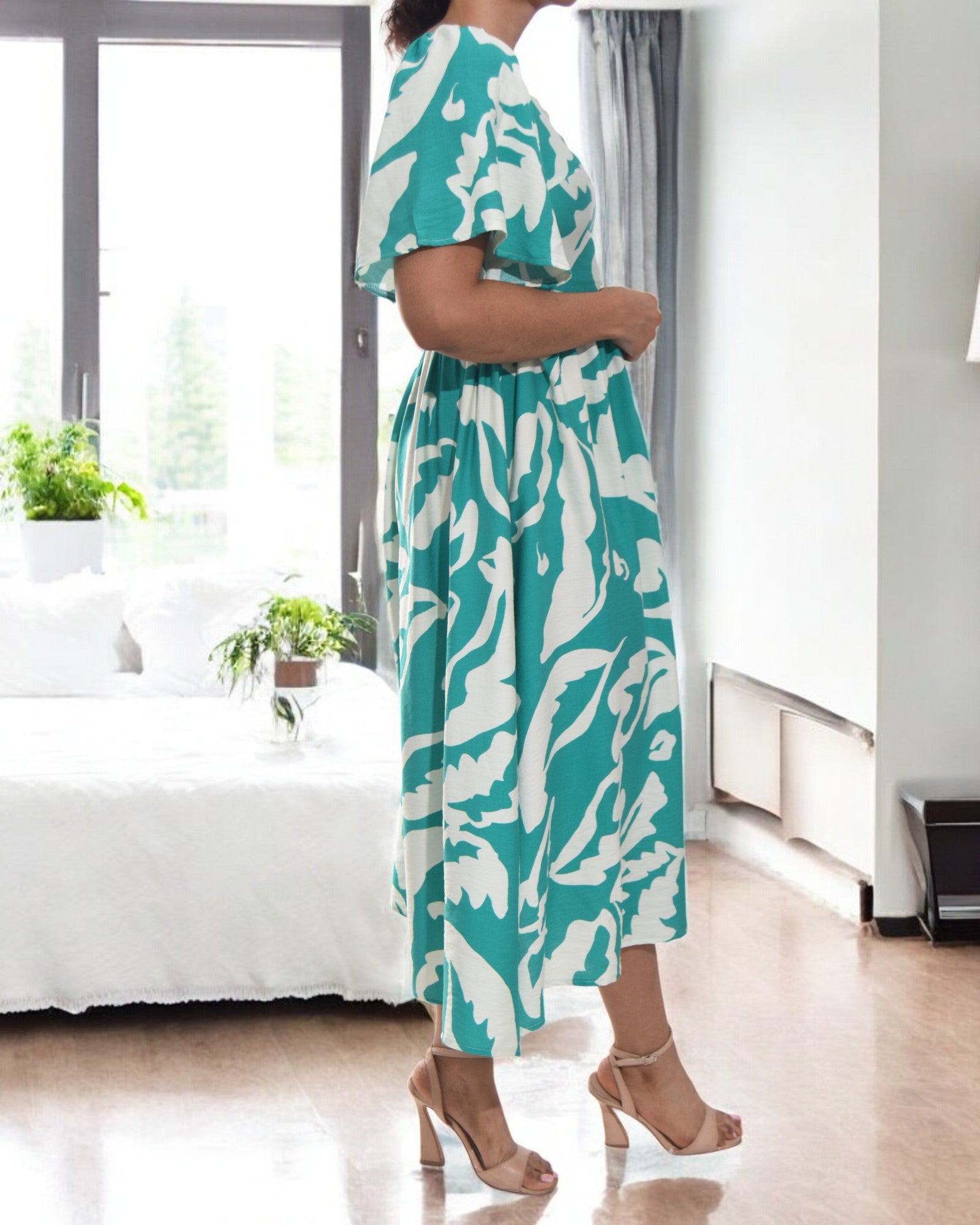 Ladies Square Neck Dress - Cream And Green - StylePhase SA