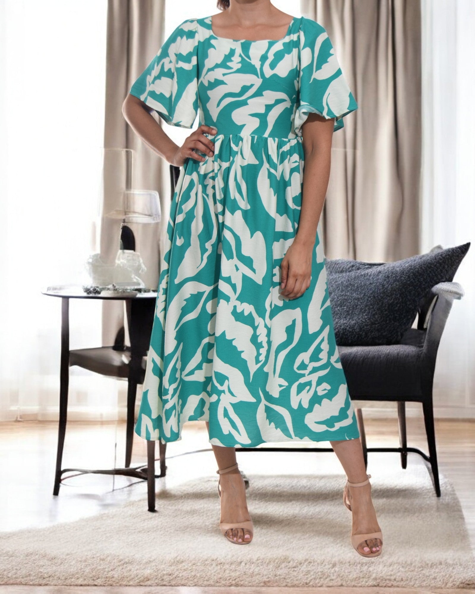 Ladies Square Neck Dress - Cream And Green - StylePhase SA