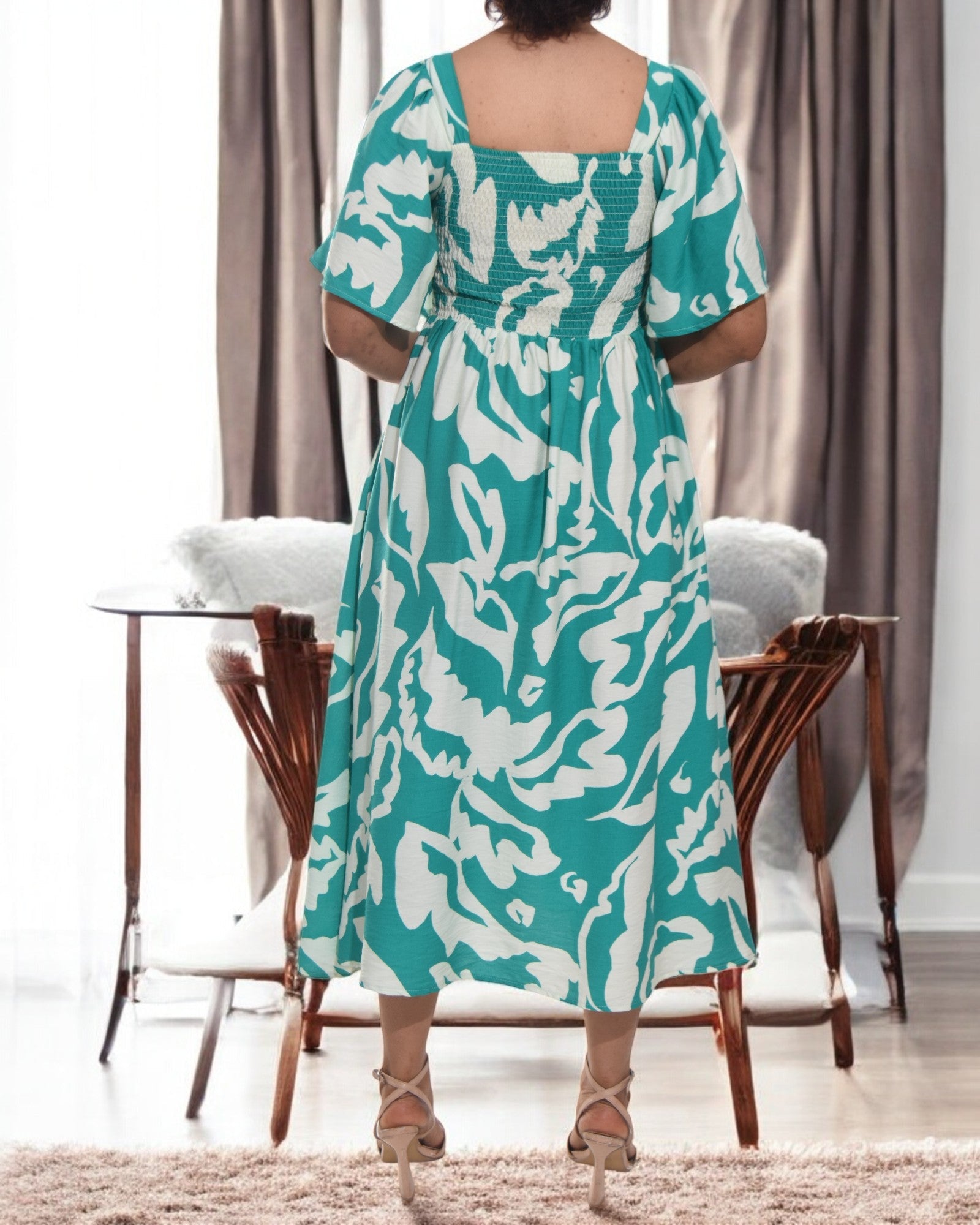 Ladies Square Neck Dress - Cream And Green - StylePhase SA