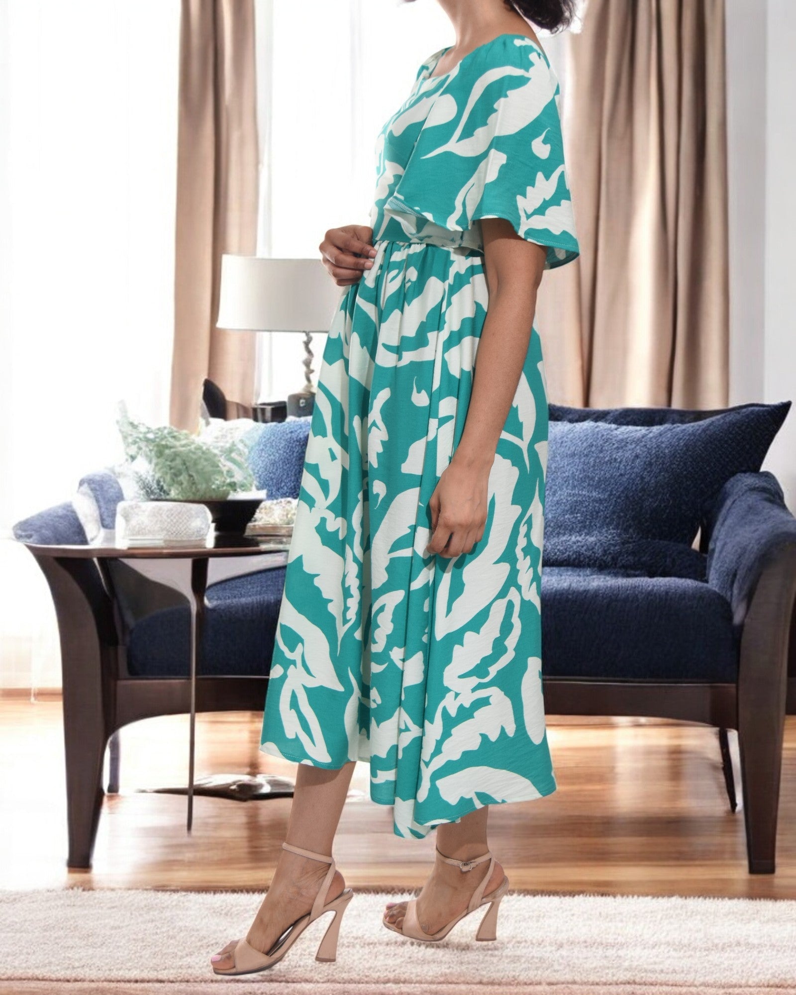 Ladies Square Neck Dress - Cream And Green - StylePhase SA