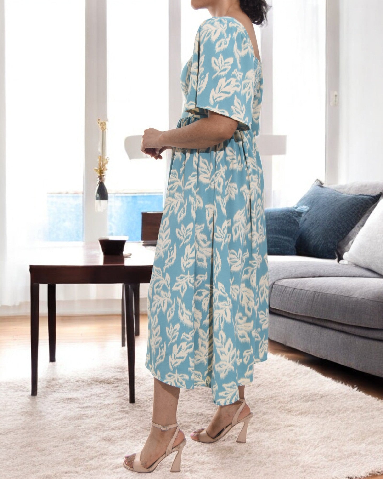 Ladies Square Neck Dress - Cream Mini Flowers - StylePhase SA