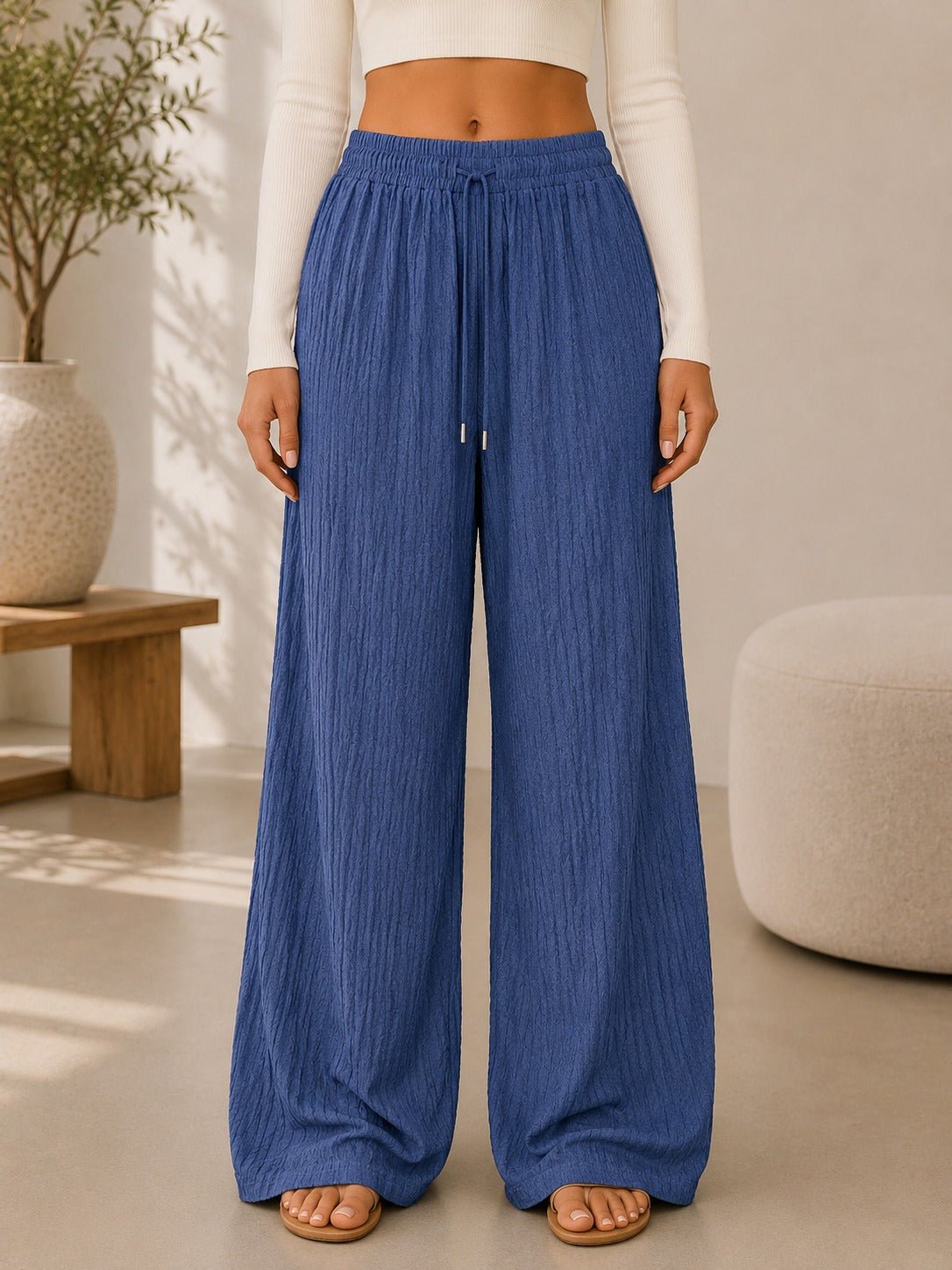 Ladies Steel Blue Drawstring Crinkle Wide Leg Pants - StylePhase SA