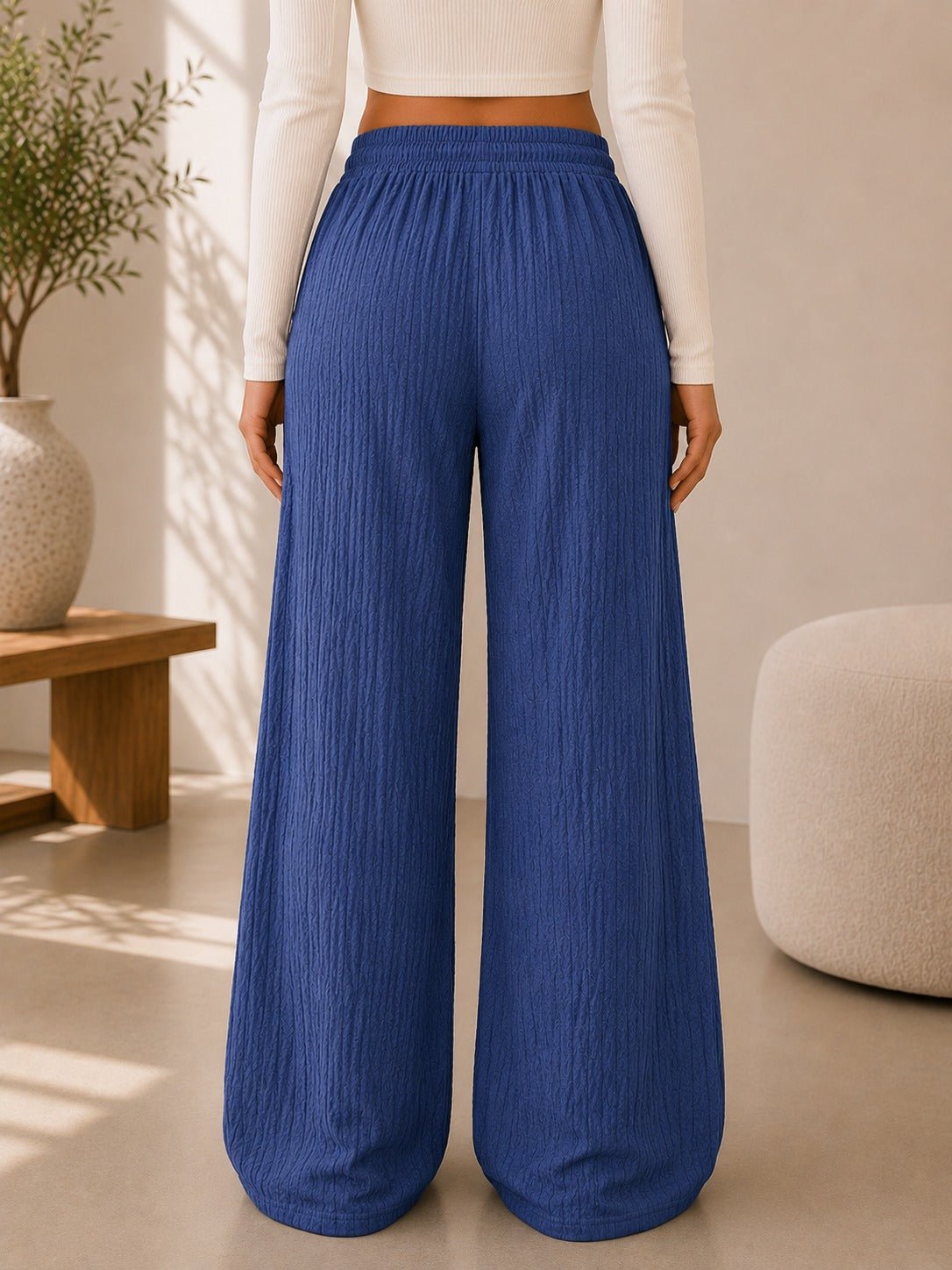 Ladies Steel Blue Drawstring Crinkle Wide Leg Pants - StylePhase SA
