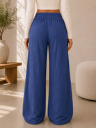 Ladies Steel Blue Drawstring Crinkle Wide Leg Pants - StylePhase SA