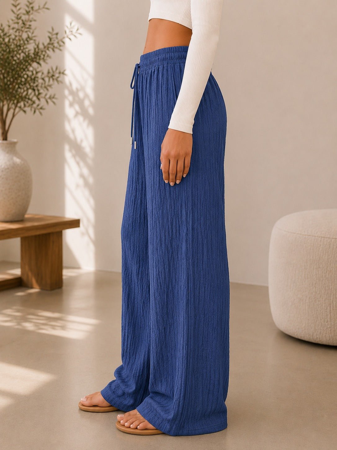 Ladies Steel Blue Drawstring Crinkle Wide Leg Pants - StylePhase SA