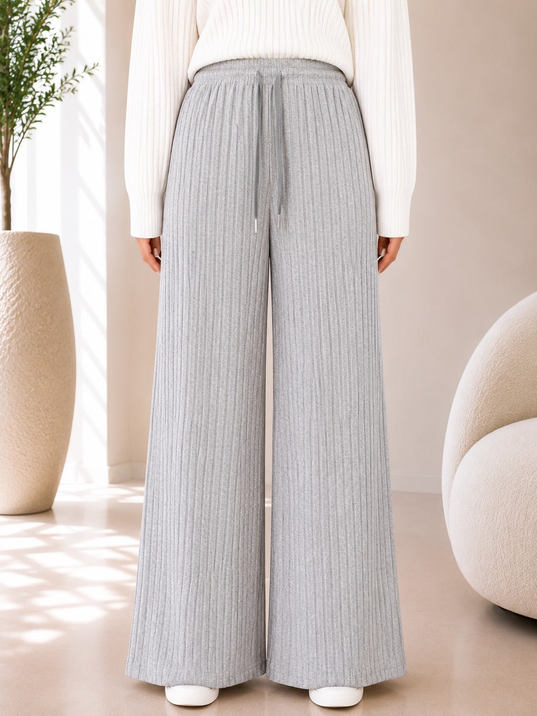 Ladies Stone Ribbed Knit Wide Leg Pants - StylePhase SA