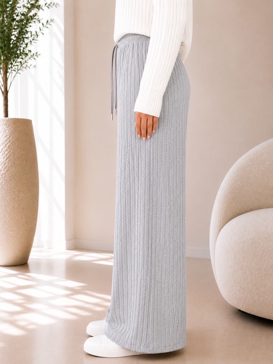 Ladies Stone Ribbed Knit Wide Leg Pants - StylePhase SA