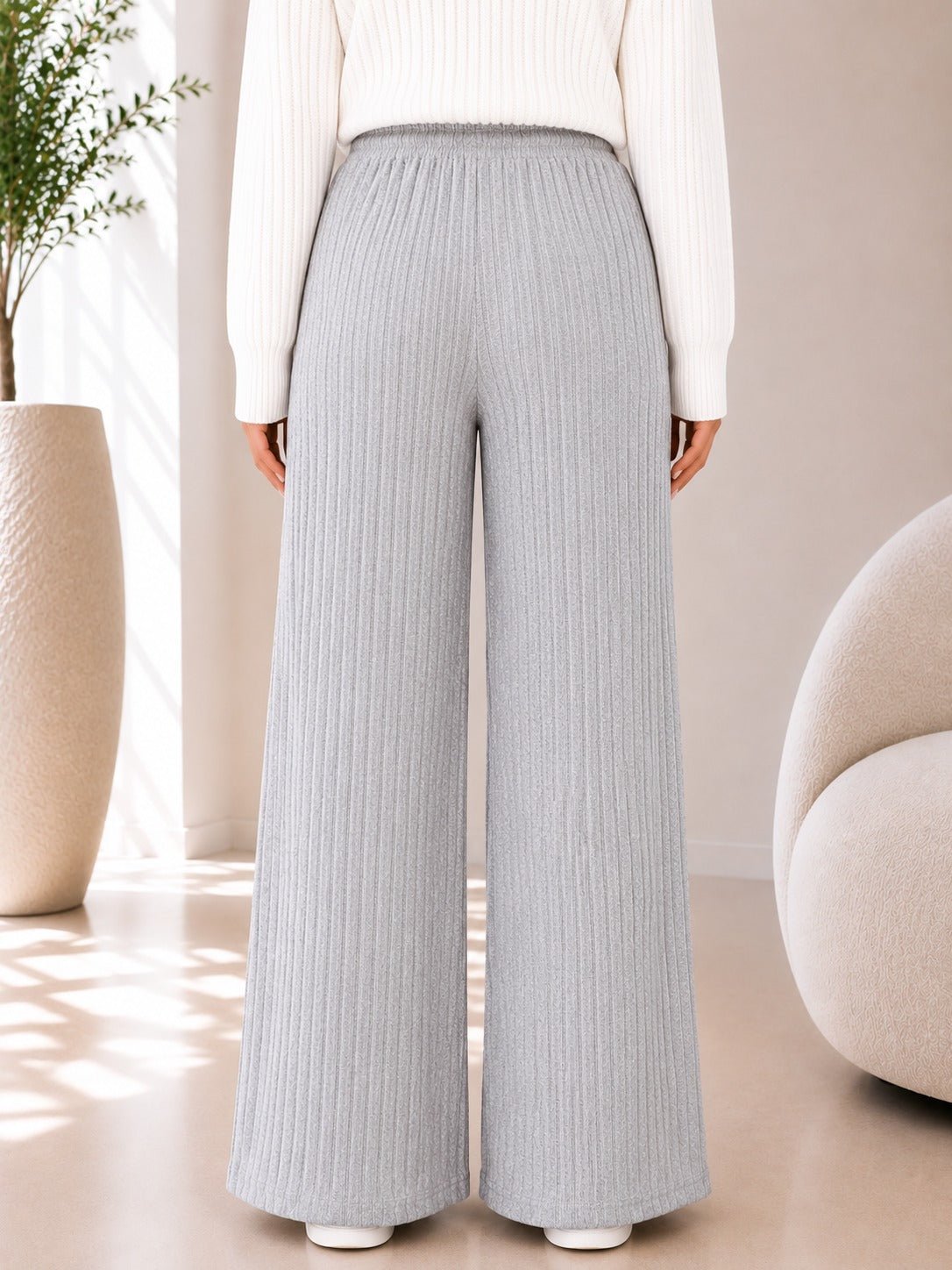Ladies Stone Ribbed Knit Wide Leg Pants - StylePhase SA