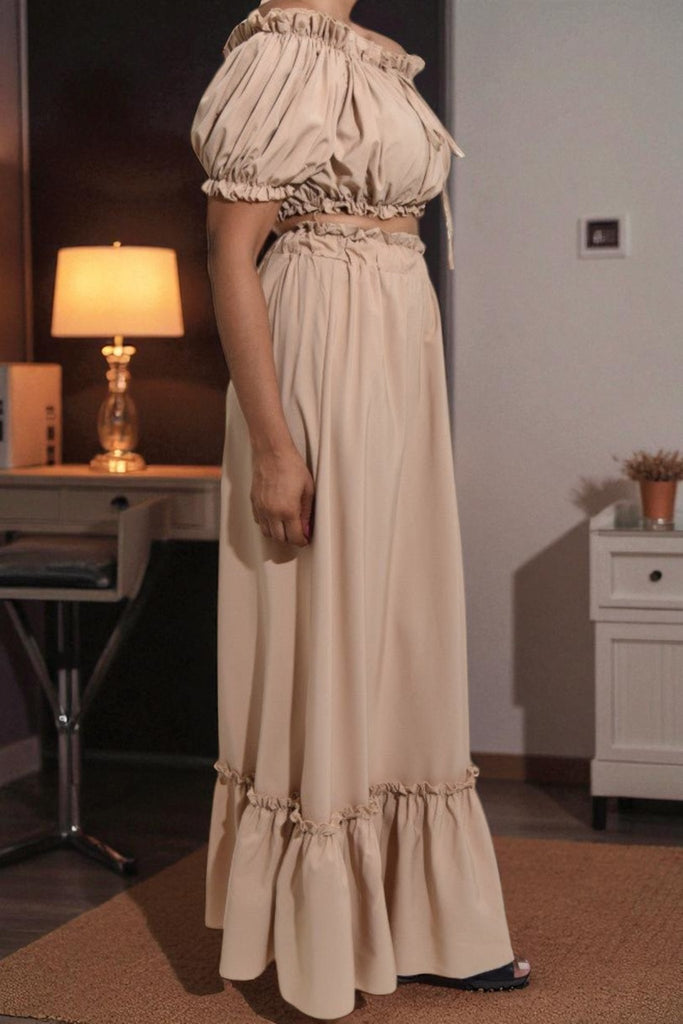Ladies Stone Ruffle Trim Crop Top and High Slit Skirt Set - StylePhase SA
