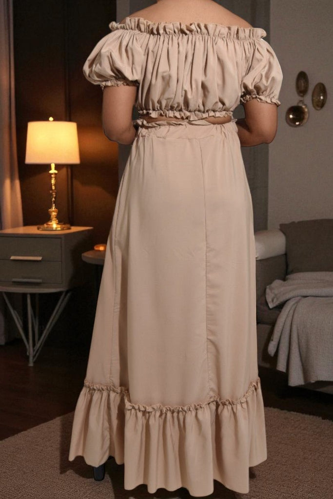 Ladies Stone Ruffle Trim Crop Top and High Slit Skirt Set - StylePhase SA