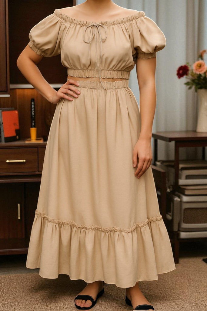 Ladies Stone Ruffle Trim Crop Top and High Slit Skirt Set - StylePhase SA