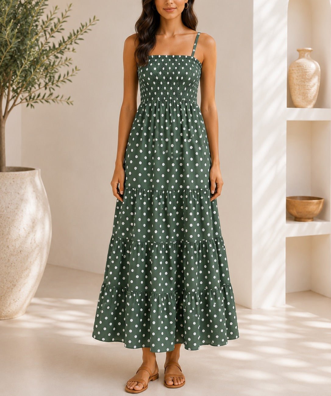 Ladies Strappy Green Polka Dot Tiered Dress - StylePhase SA