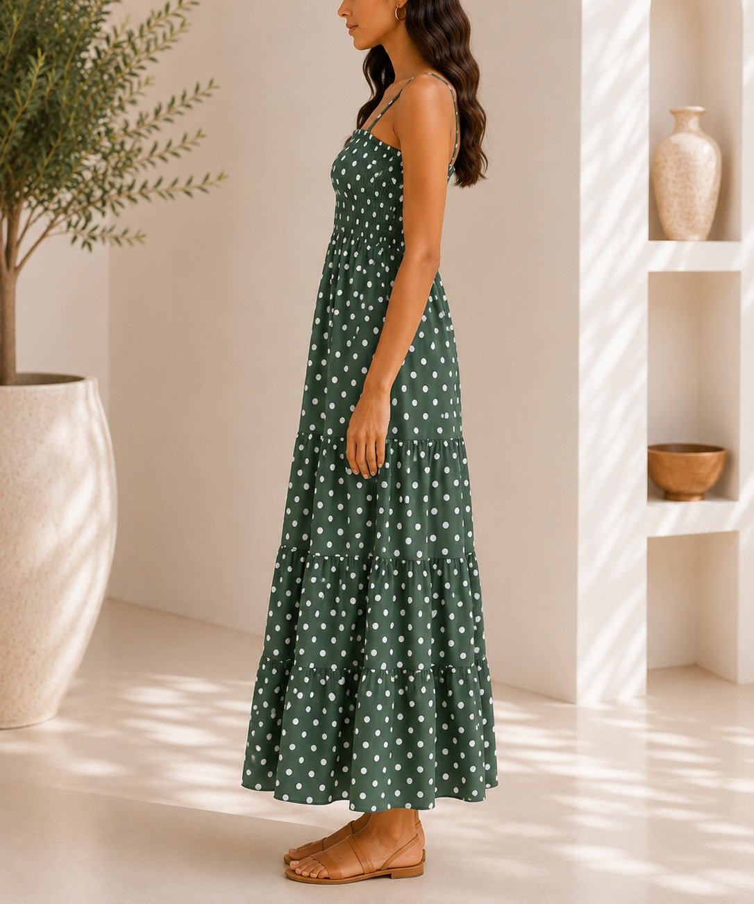 Ladies Strappy Green Polka Dot Tiered Dress - StylePhase SA