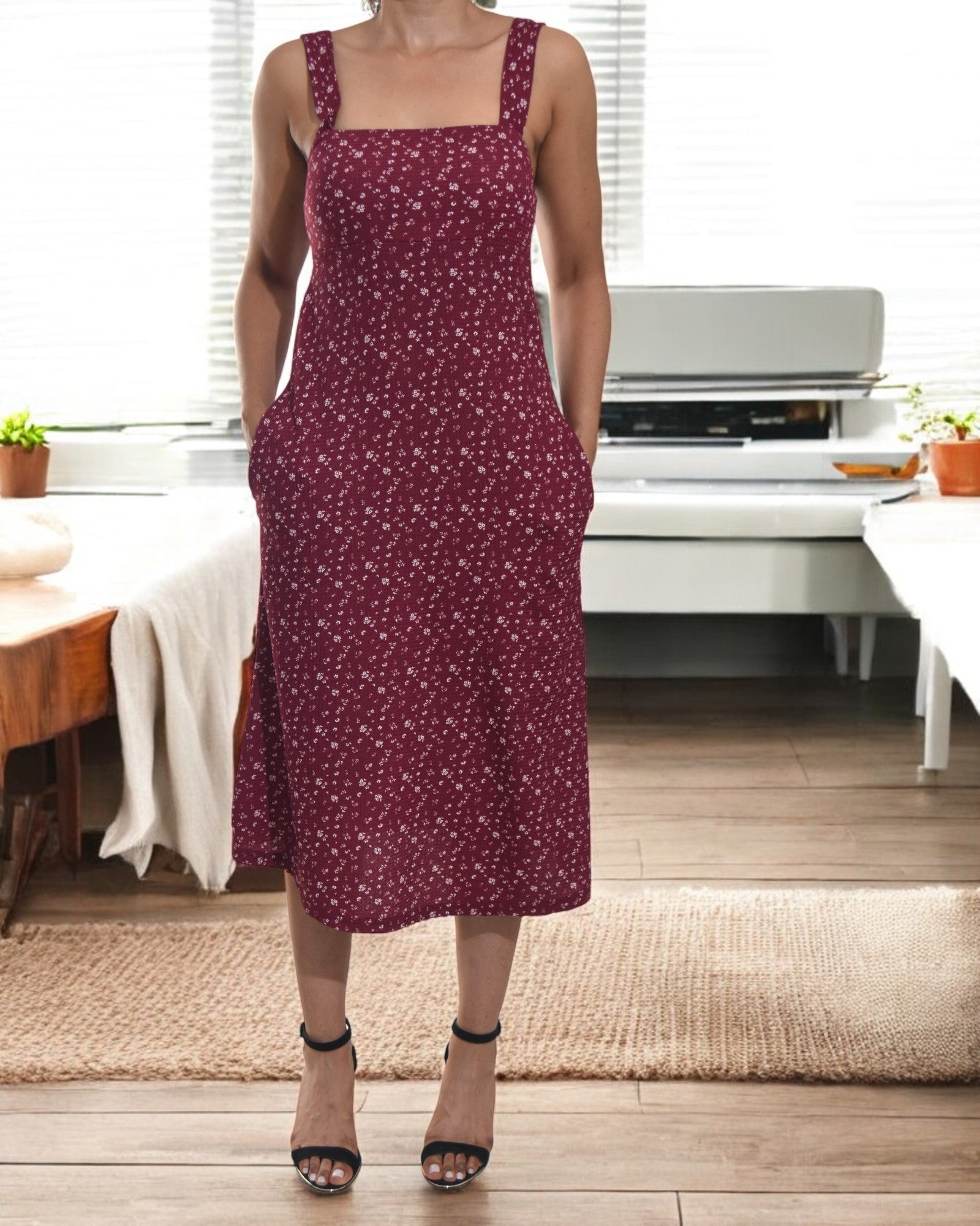 Ladies Strappy Pocket Dress - Maroon Floral - StylePhase SA