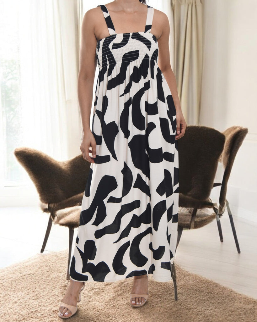 Ladies Strappy Ruche Dress - Black Printed - StylePhase SA