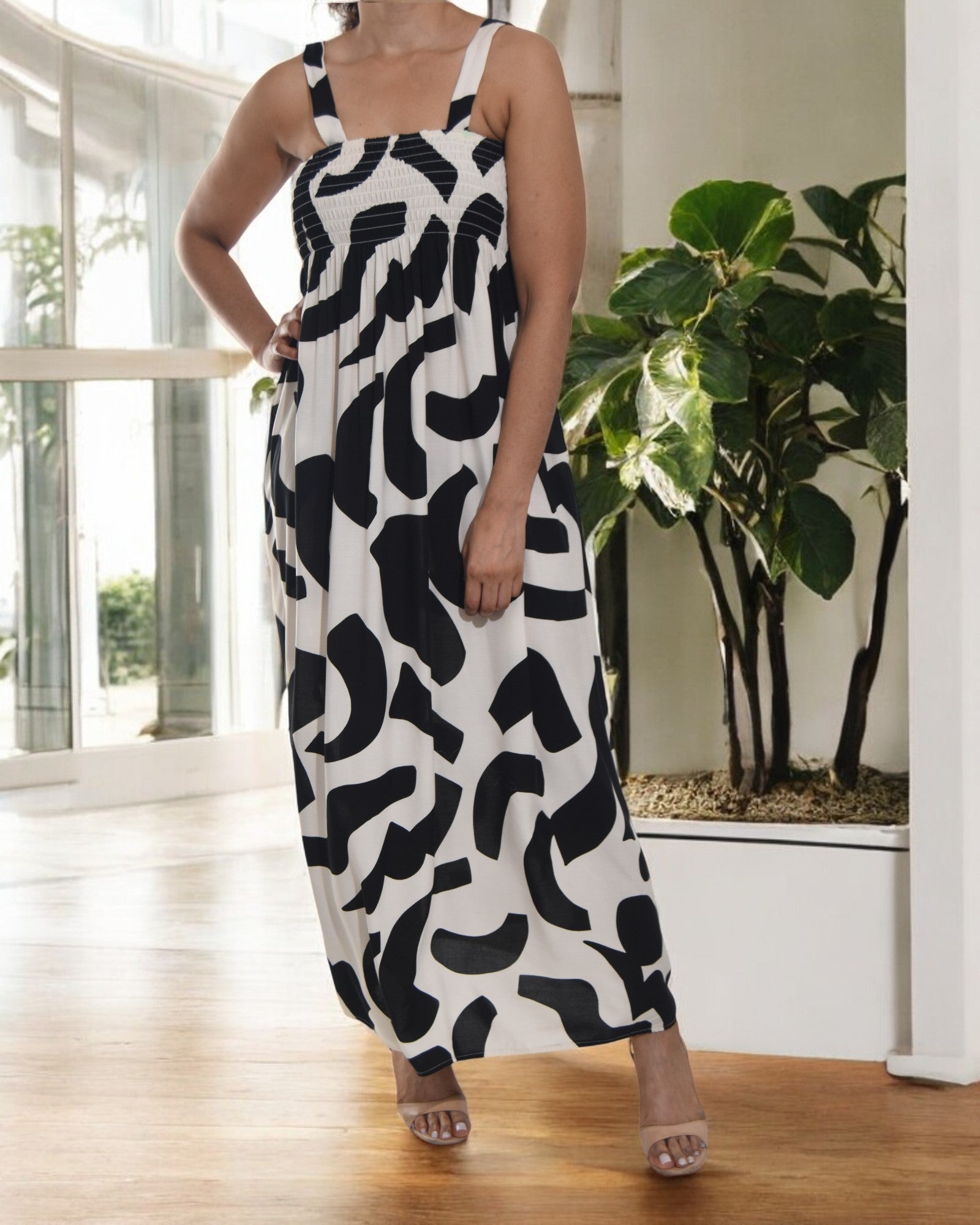 Ladies Strappy Ruche Dress - Black Printed - StylePhase SA