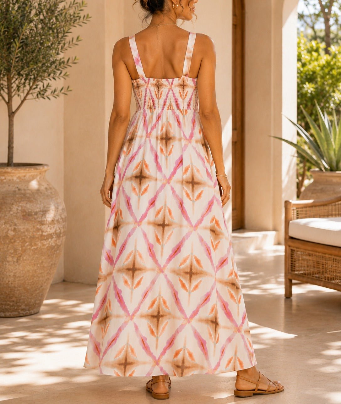 Ladies Strappy Ruche Dress-Diamond Print - StylePhase SA
