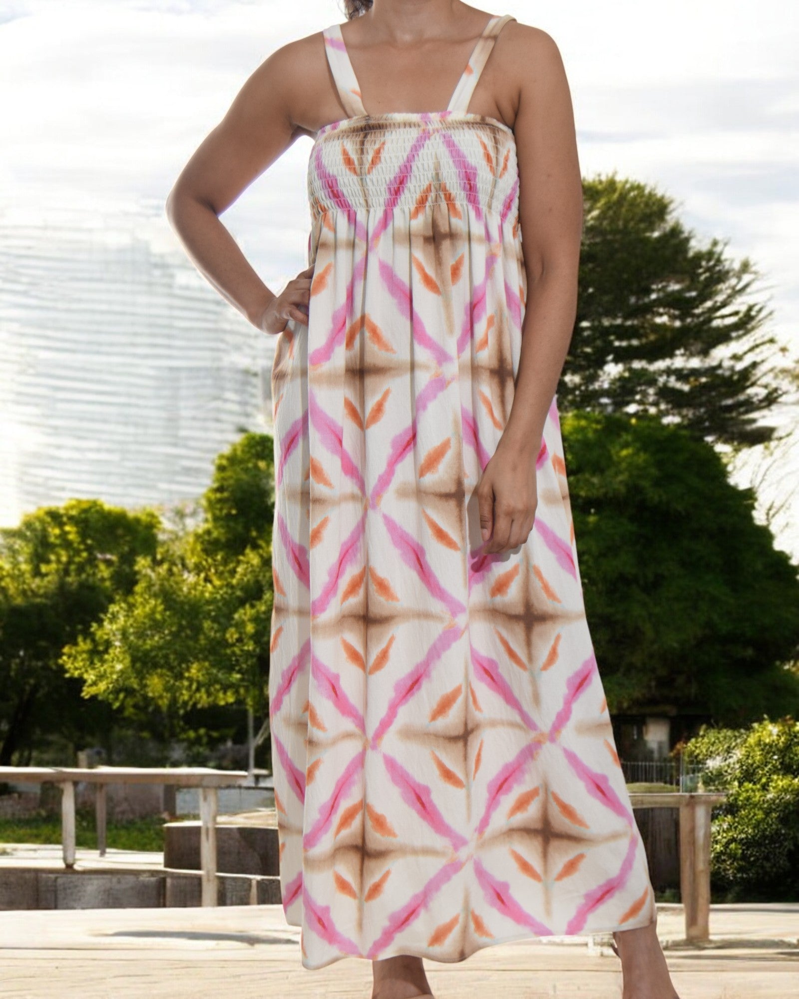 Ladies Strappy Ruche Dress - Diamond Print - StylePhase SA