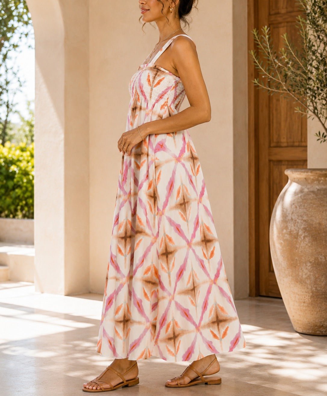 Ladies Strappy Ruche Dress-Diamond Print - StylePhase SA