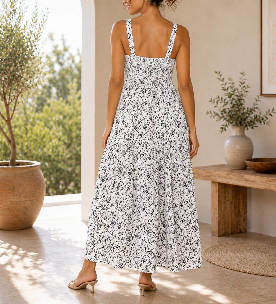 Ladies Strappy Ruche Dress-Grey and Black Floral - StylePhase SA