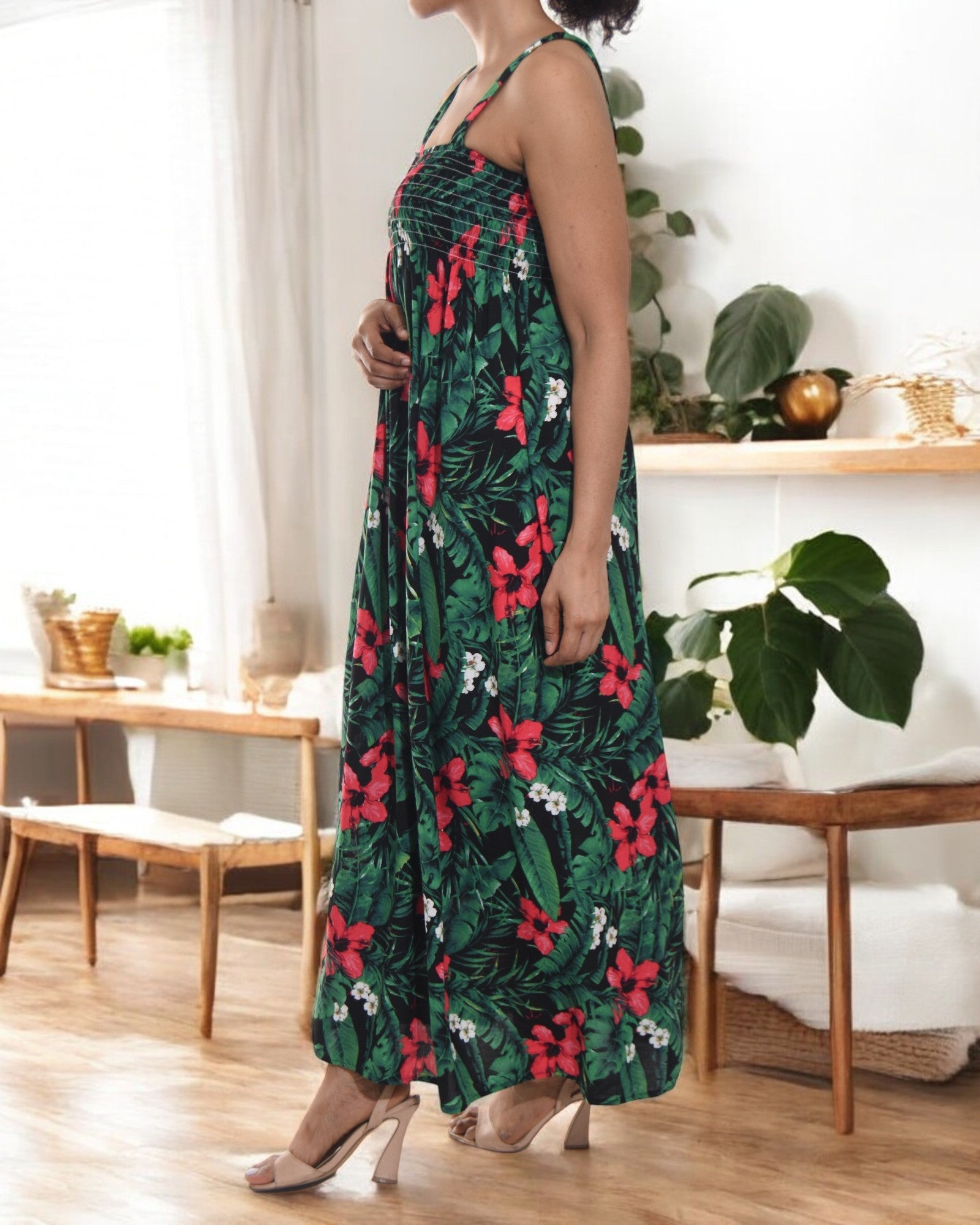 Ladies Strappy Ruche Dress - Leaf Printed - StylePhase SA