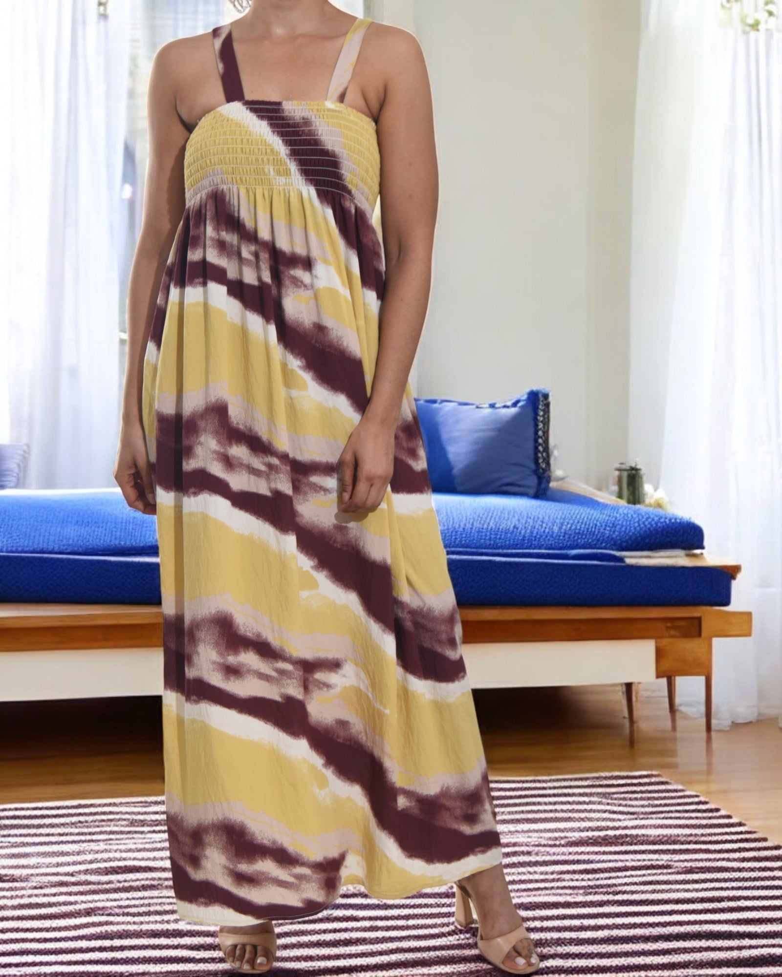 Ladies Strappy Ruche Dress - Mustard And Maroon Floral - StylePhase SA