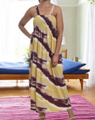Ladies Strappy Ruche Dress - Mustard And Maroon Floral - StylePhase SA
