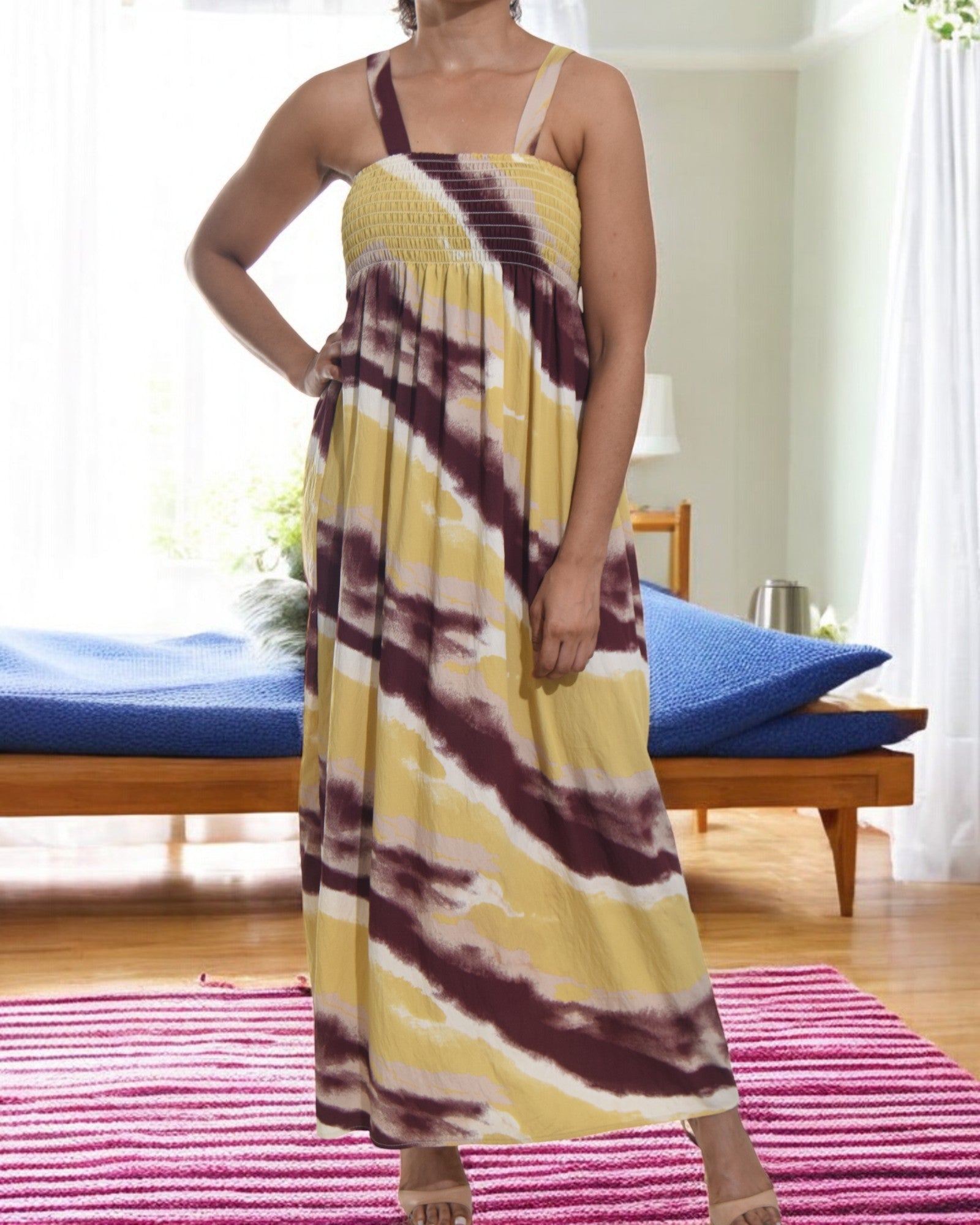 Ladies Strappy Ruche Dress - Mustard And Maroon Floral - StylePhase SA
