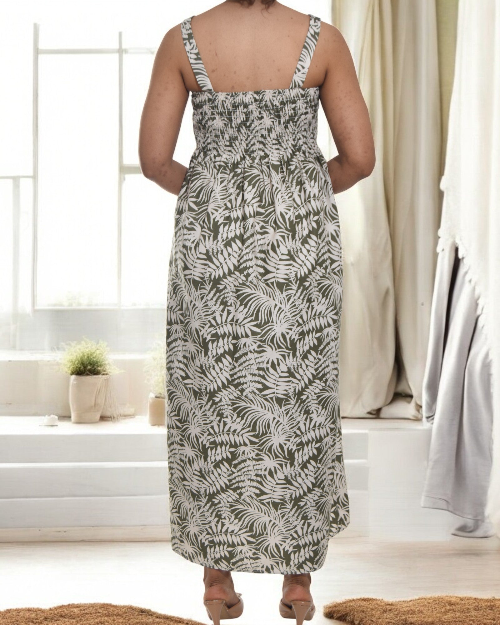 Ladies Strappy Ruche Dress - Olive Floral - StylePhase SA