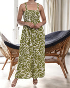 Ladies Strappy Ruche Dress - Olive Green And White Floral - StylePhase SA