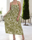 Ladies Strappy Ruche Dress - Olive Green And White Floral - StylePhase SA