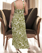 Ladies Strappy Ruche Dress - Olive Green And White Floral - StylePhase SA