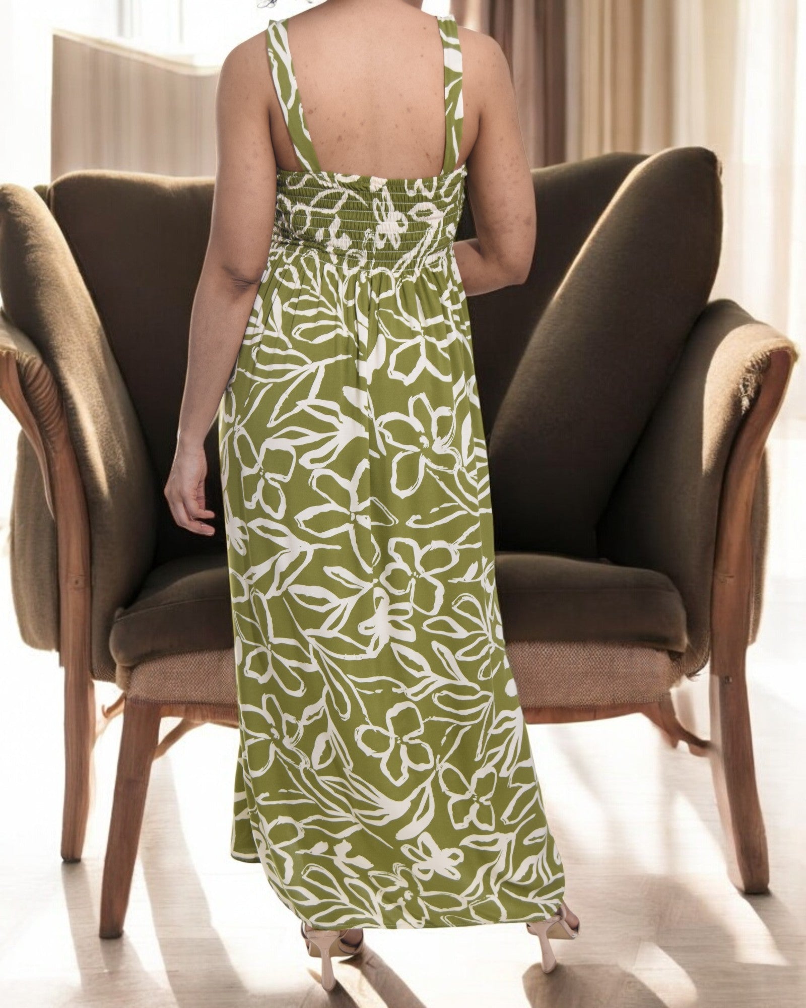 Ladies Strappy Ruche Dress - Olive Green And White Floral - StylePhase SA