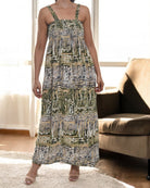 Ladies Strappy Ruche Dress - Olive Printed - StylePhase SA