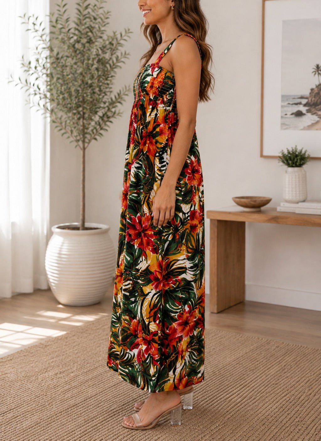 Ladies Strappy Ruche Dress-Red Floral - StylePhase SA
