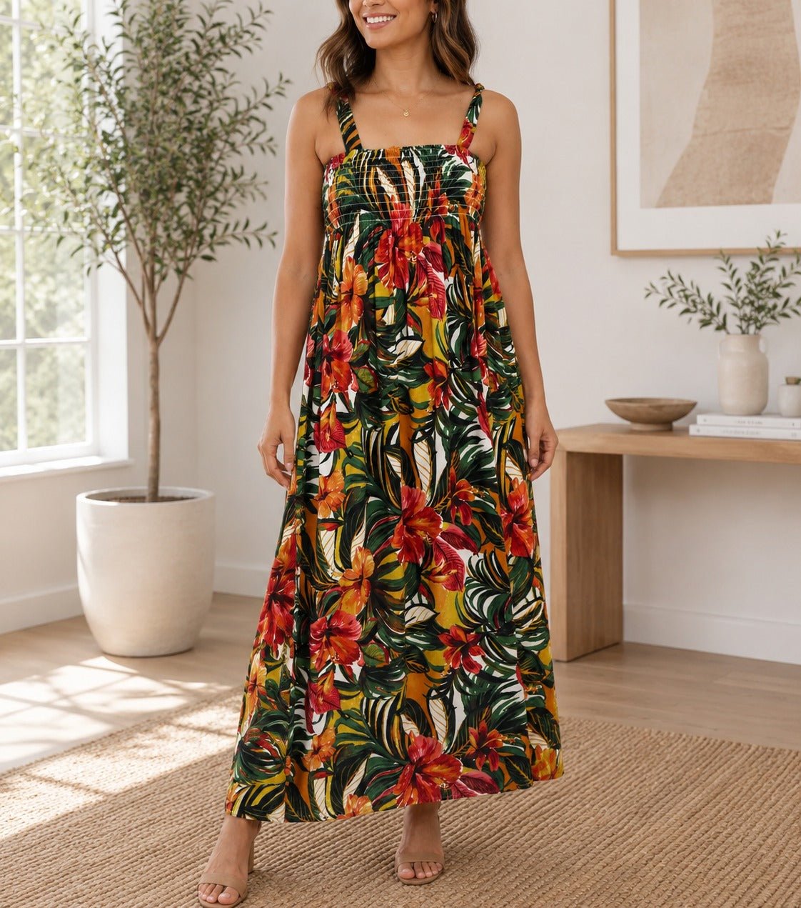 Ladies Strappy Ruche Dress-Red Floral - StylePhase SA
