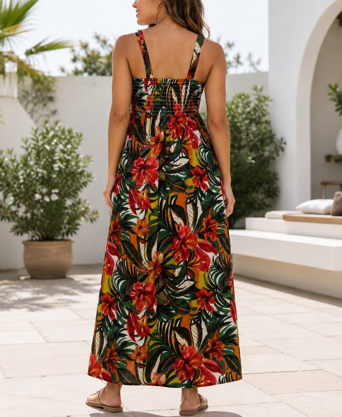 Ladies Strappy Ruche Dress-Red Floral - StylePhase SA