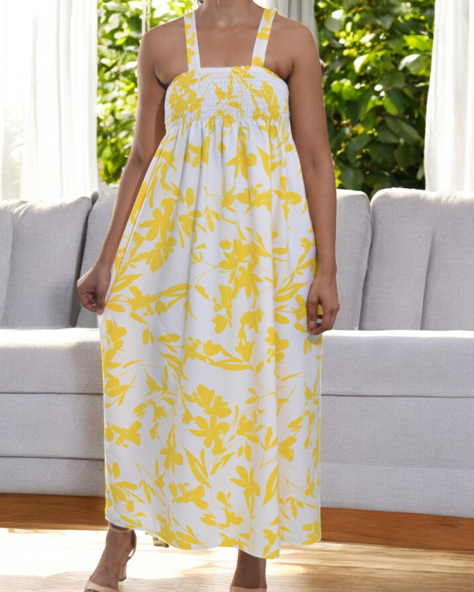Ladies Strappy Ruche Dress - Yellow And White Floral - StylePhase SA