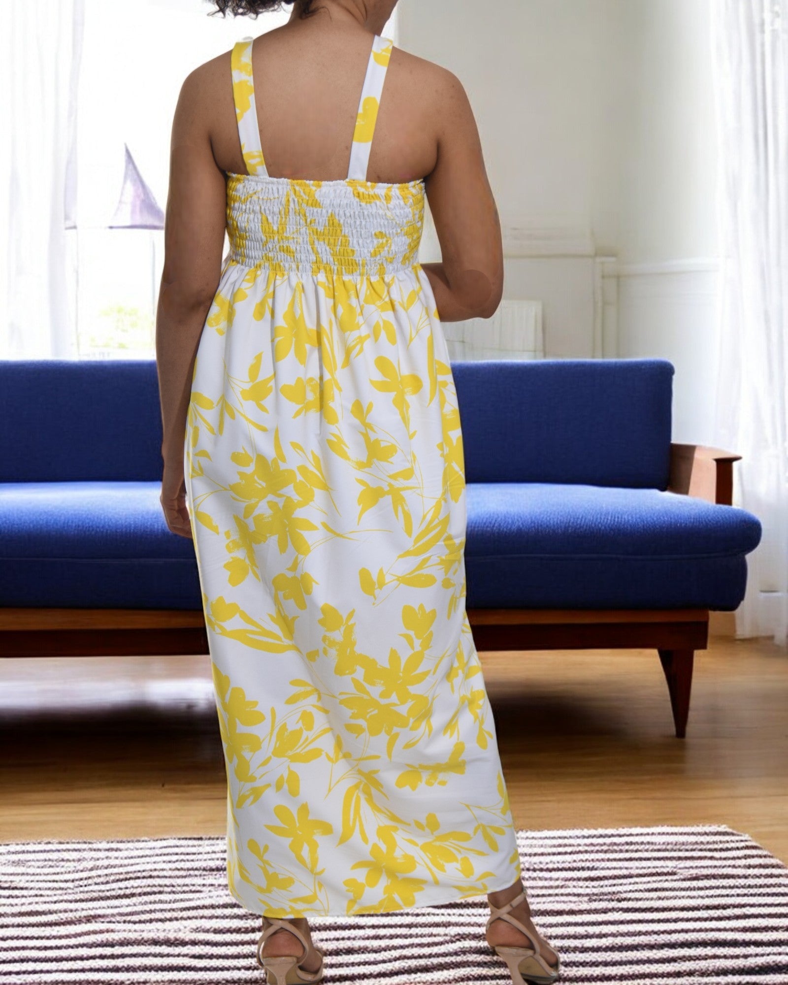 Ladies Strappy Ruche Dress - Yellow And White Floral - StylePhase SA