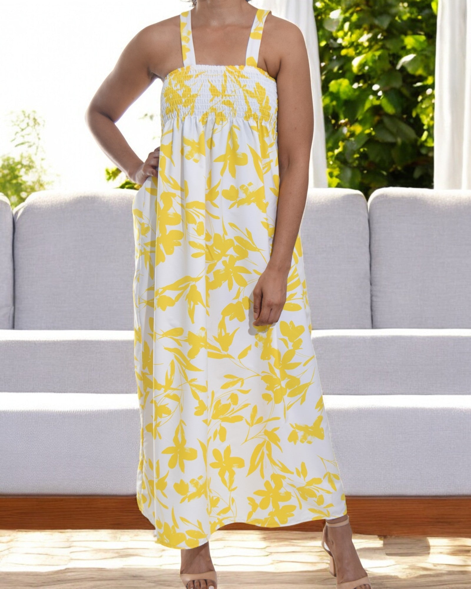 Ladies Strappy Ruche Dress - Yellow And White Floral - StylePhase SA