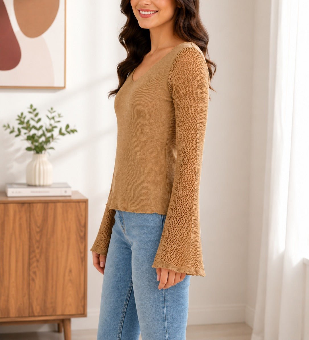Ladies Tan Bell Sleeve Top - StylePhase SA