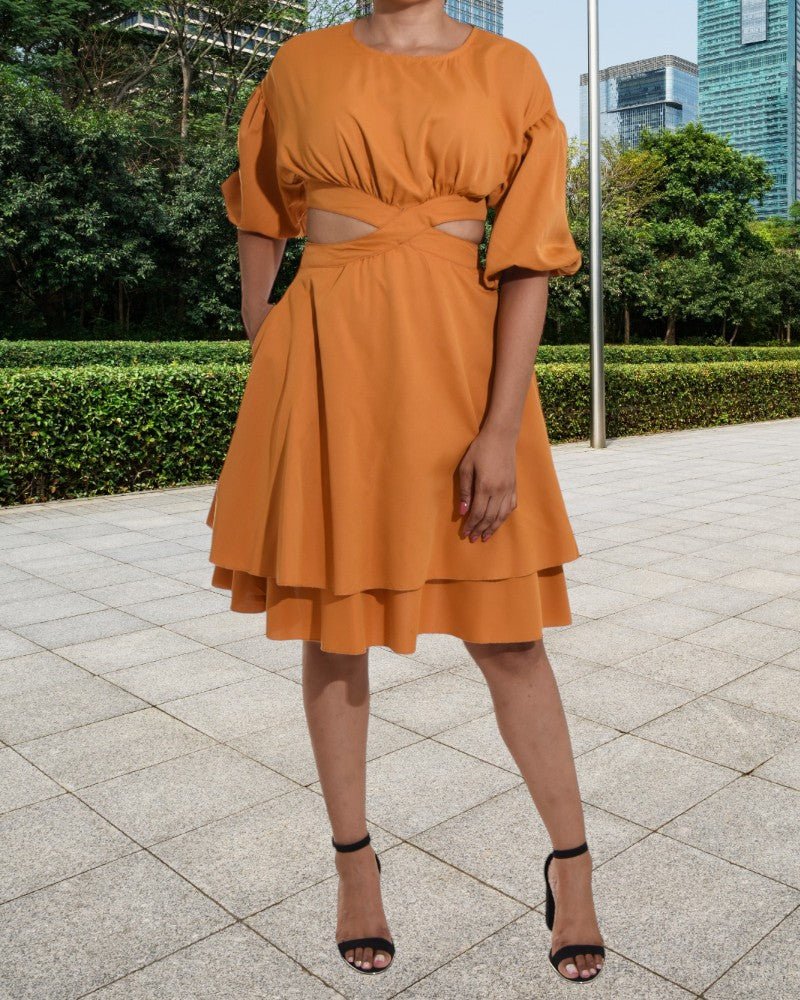 Ladies Tan Cut Out Puff Sleeve Dress - StylePhase SA