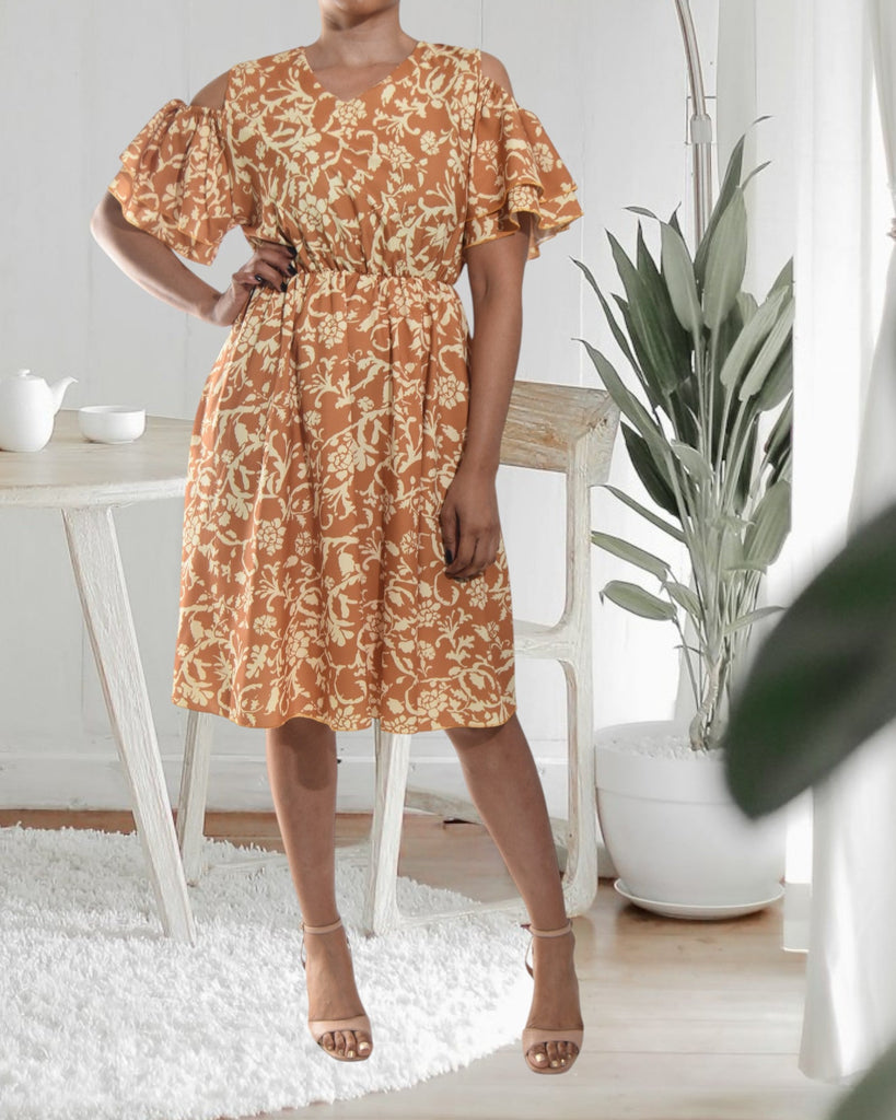 Ladies Tan Cut Out Sleeve Dress - StylePhase SA