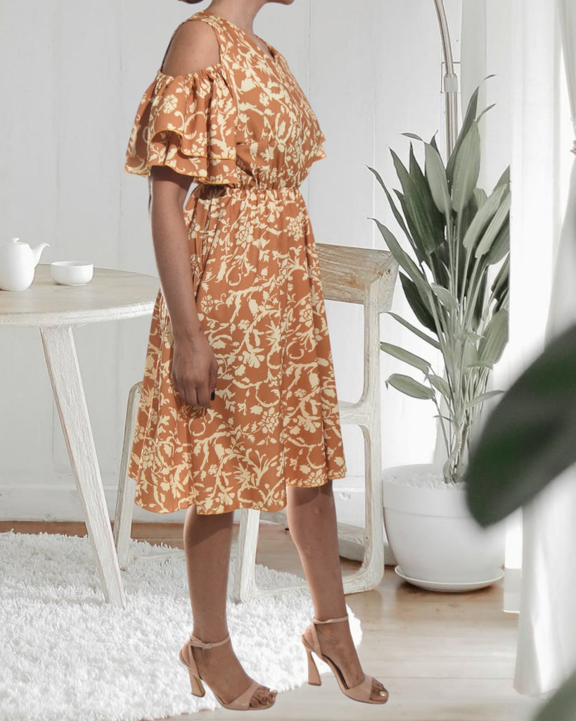 Ladies Tan Cut Out Sleeve Dress - StylePhase SA